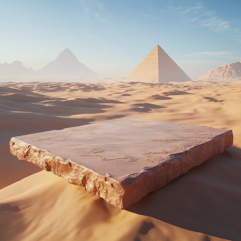 Stone tablet in sandy desert with two pyramids in the background.