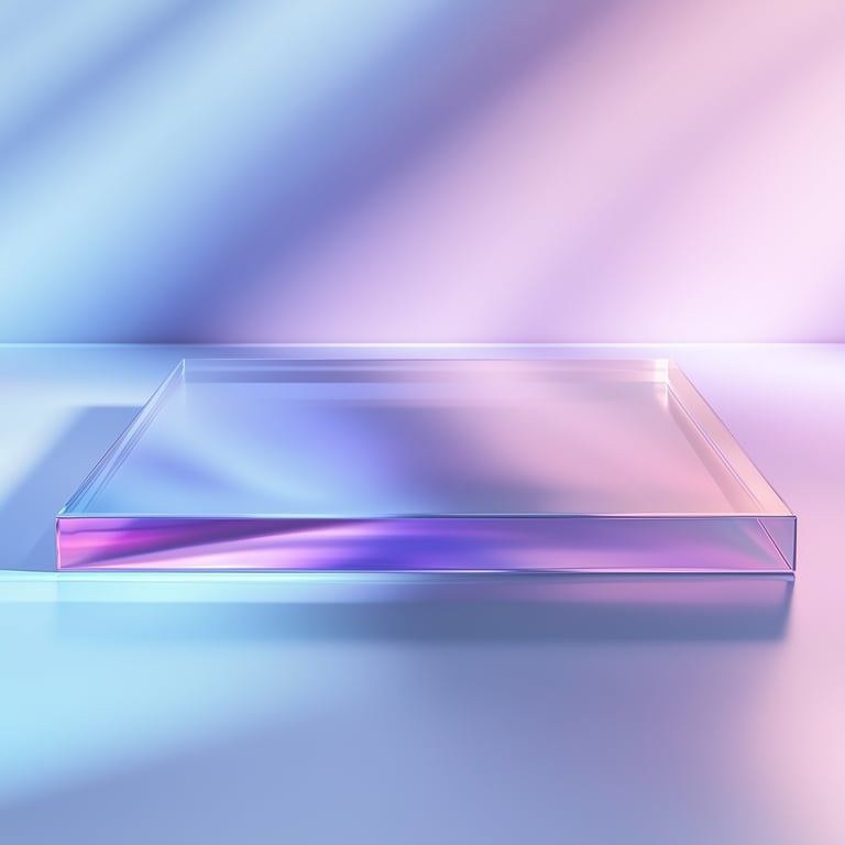 Transparent glass rectangular slab on a soft gradient background with pastel blue and pink hues.