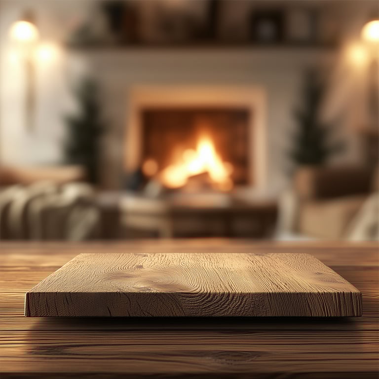 Wooden table with a blurred fireplace and cozy living room in the background.