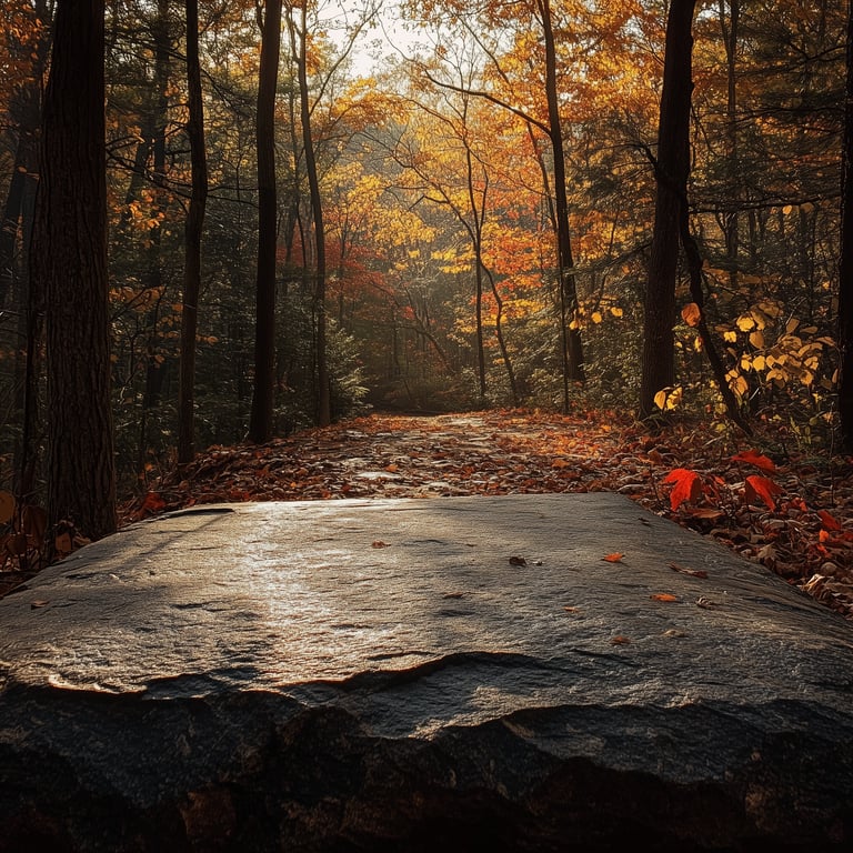 A serene forest trail covered in fallen autumn leaves, bathed in warm sunlight with vibrant foliage in the background.