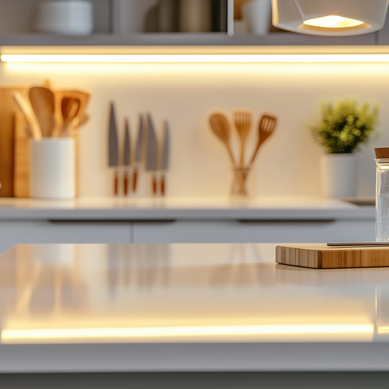 Modern kitchen countertop with knives, utensils, potted plant, and wooden board with a jar.
