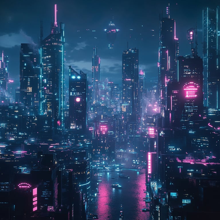 Futuristic cityscape at night with tall skyscrapers, neon lights, and a river running through the center.