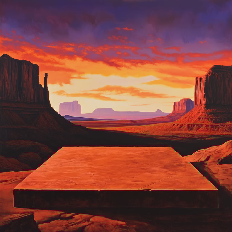 Sunset over a desert landscape with towering rock formations and a prominent flat stone slab in the foreground.