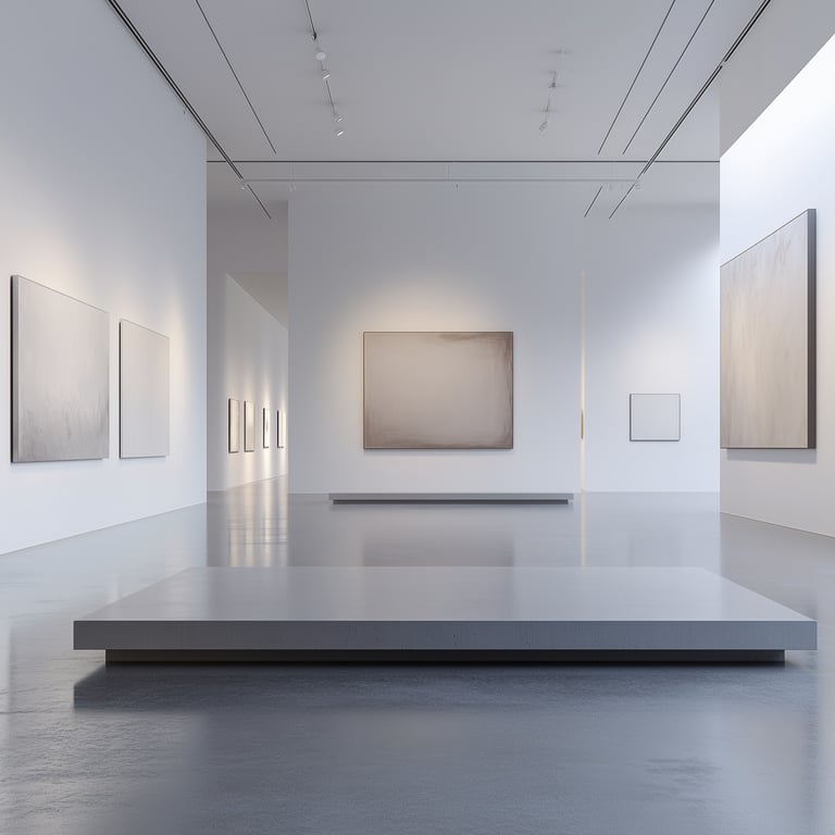 Minimalist art gallery with large, abstract paintings on white walls and a central bench.