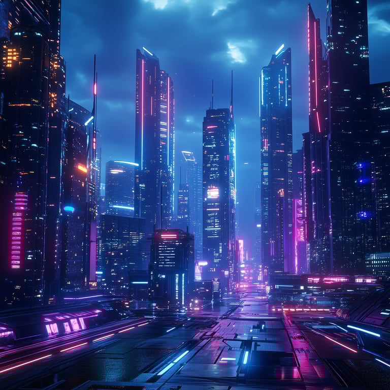 Futuristic cityscape at night with towering skyscrapers illuminated by neon lights against a cloudy sky.
