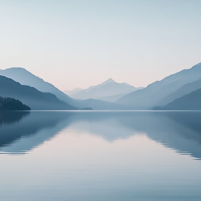 A serene lake with still water reflecting surrounding mountains under a soft pastel sky.