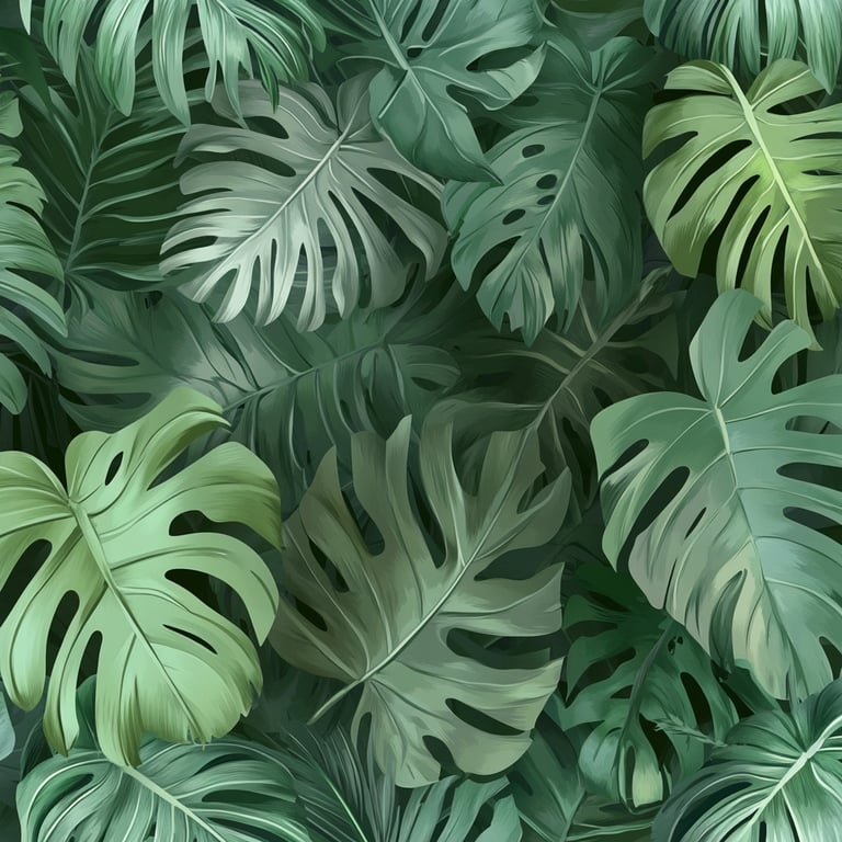 Illustration of overlapping green tropical Monstera leaves.