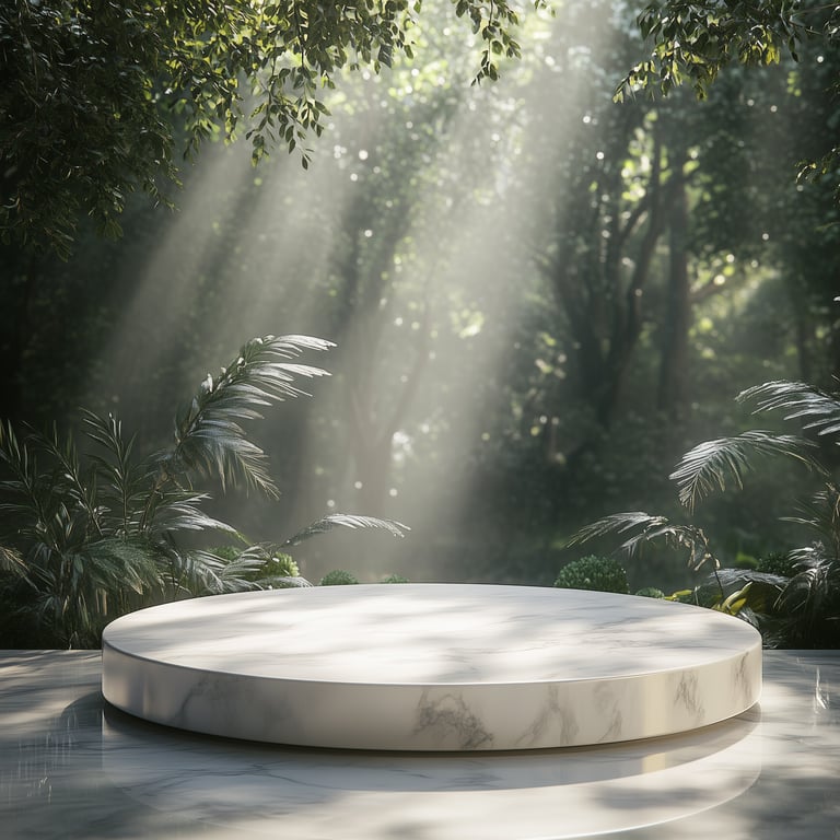 A marble pedestal illuminated by sunlight in a lush, green forest.