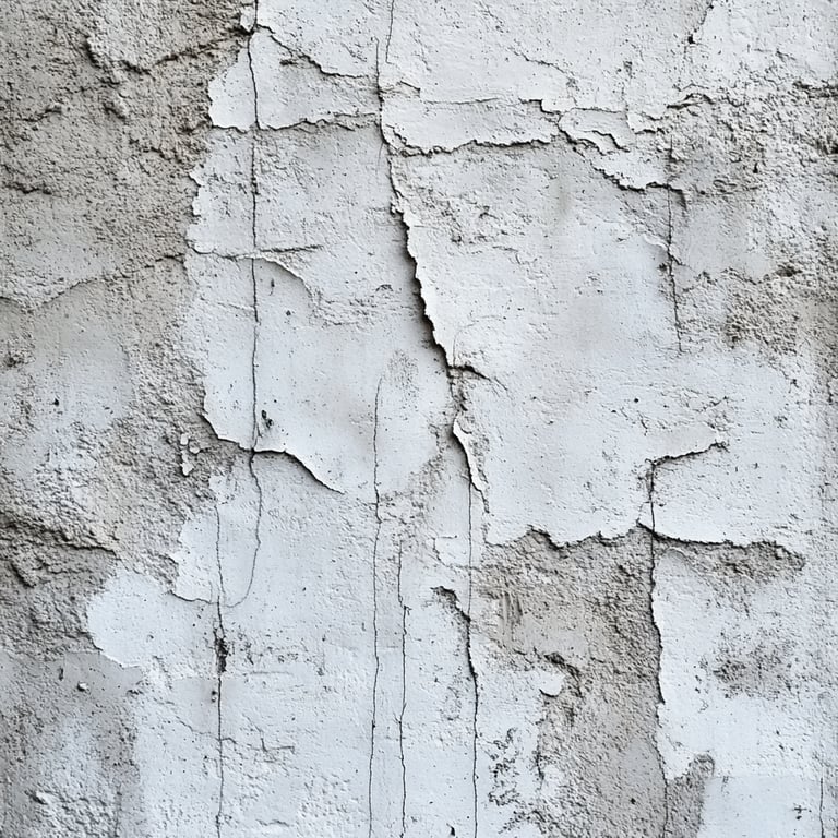 Peeling and cracked white paint on an old, weathered concrete wall.