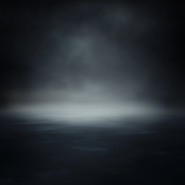 A dimly lit, foggy scene with a dark, reflective surface and misty atmosphere.