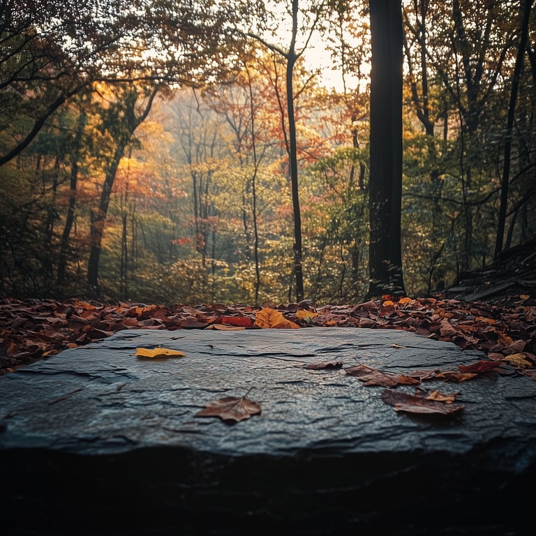 Stone slab covered with fallen autumn leaves in a forest during sunset.