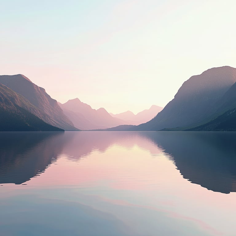 Mountain range reflected in calm lake during sunrise or sunset.