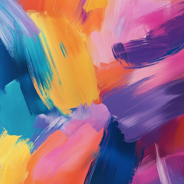 Abstract painting with bold brush strokes in vibrant colors including blue, teal, yellow, orange, pink, and purple.