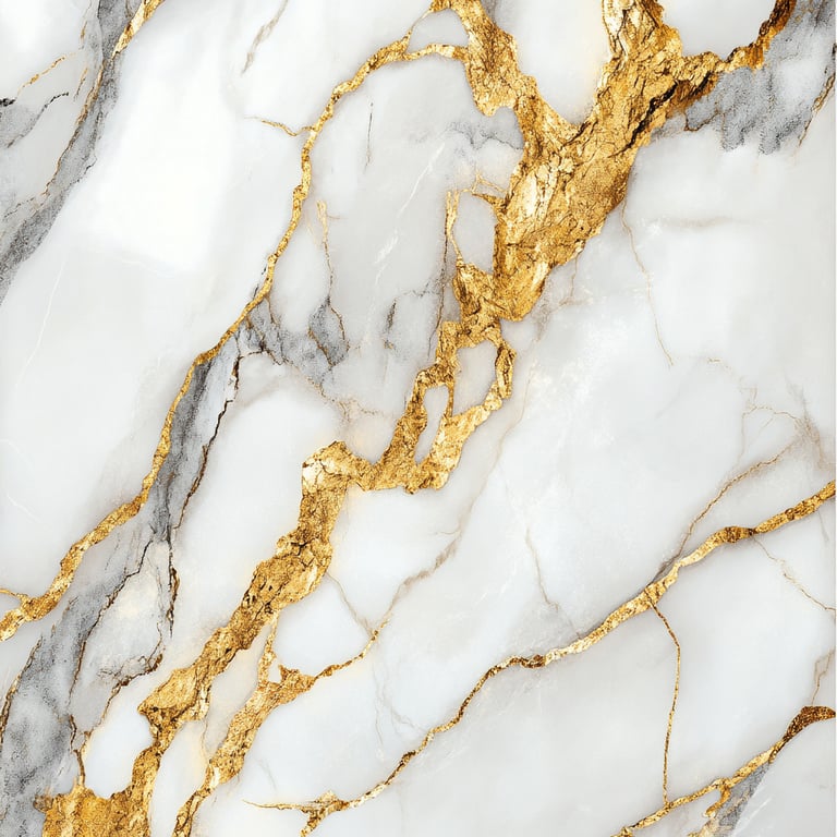 White marble texture with gold and grey veining.
