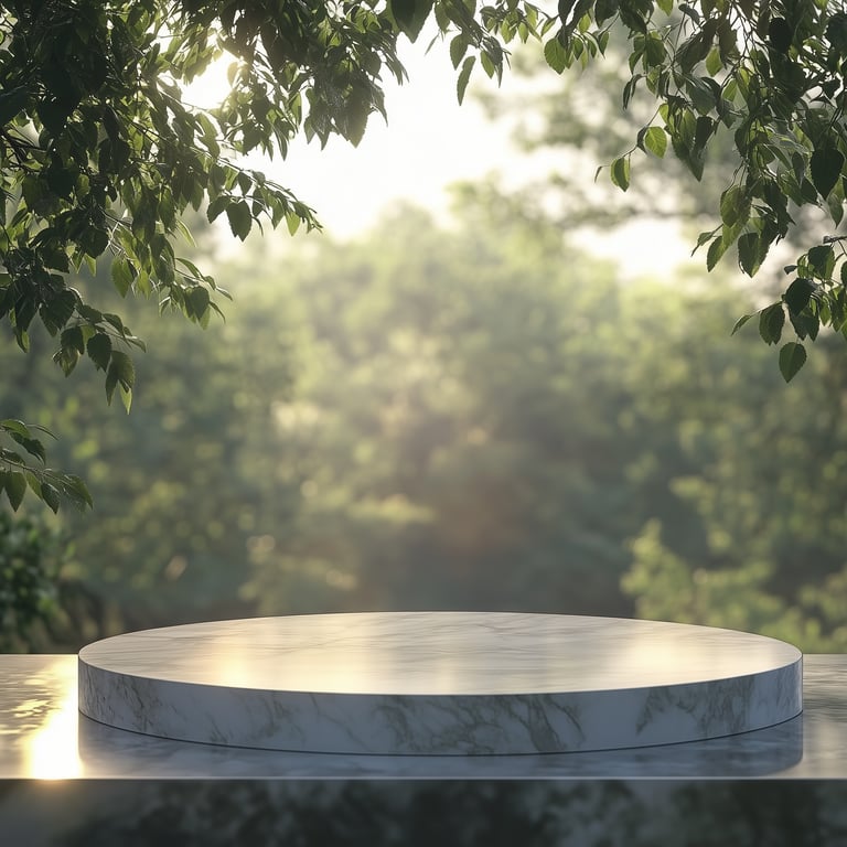 Marble pedestal under tree canopy with sunlight filtering through leaves.