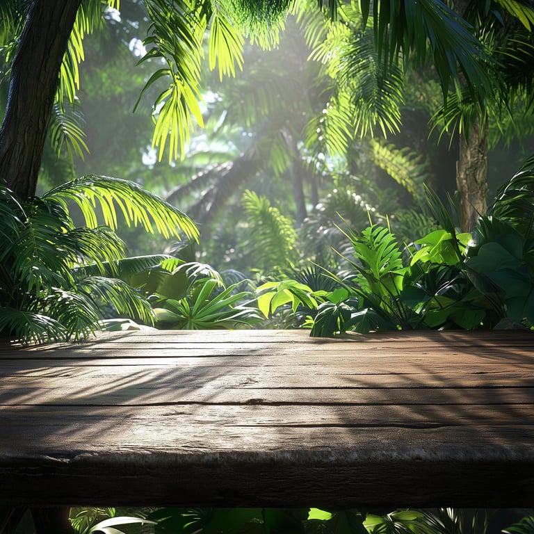 Wooden platform surrounded by dense, sunlit tropical foliage.