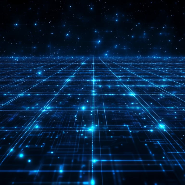 Futuristic digital grid with blue glowing lines and points against a dark background resembling a virtual landscape.