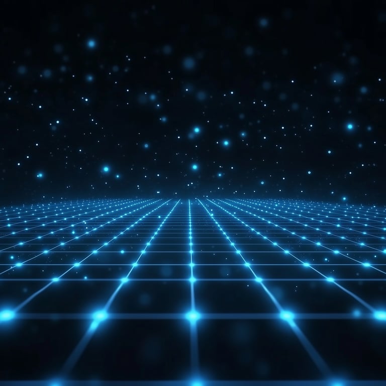 A futuristic grid landscape with glowing blue lines and floating particles against a dark background.