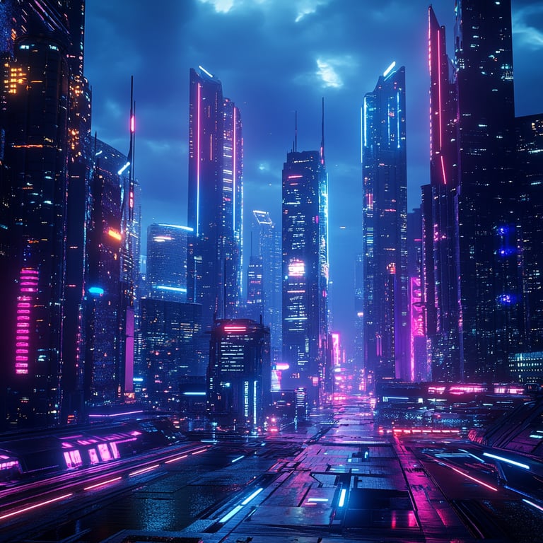 Futuristic cityscape at night with towering skyscrapers illuminated by neon lights in pink and blue hues.