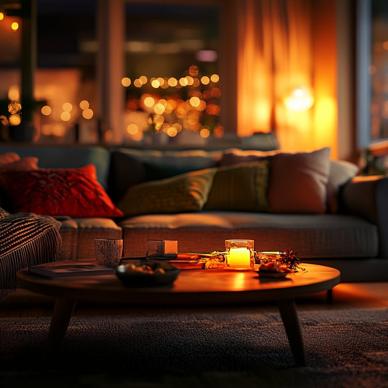 Cozy living room with a sofa, colorful pillows, and a wooden coffee table with a lit candle, warm lighting, and blurred background lights.