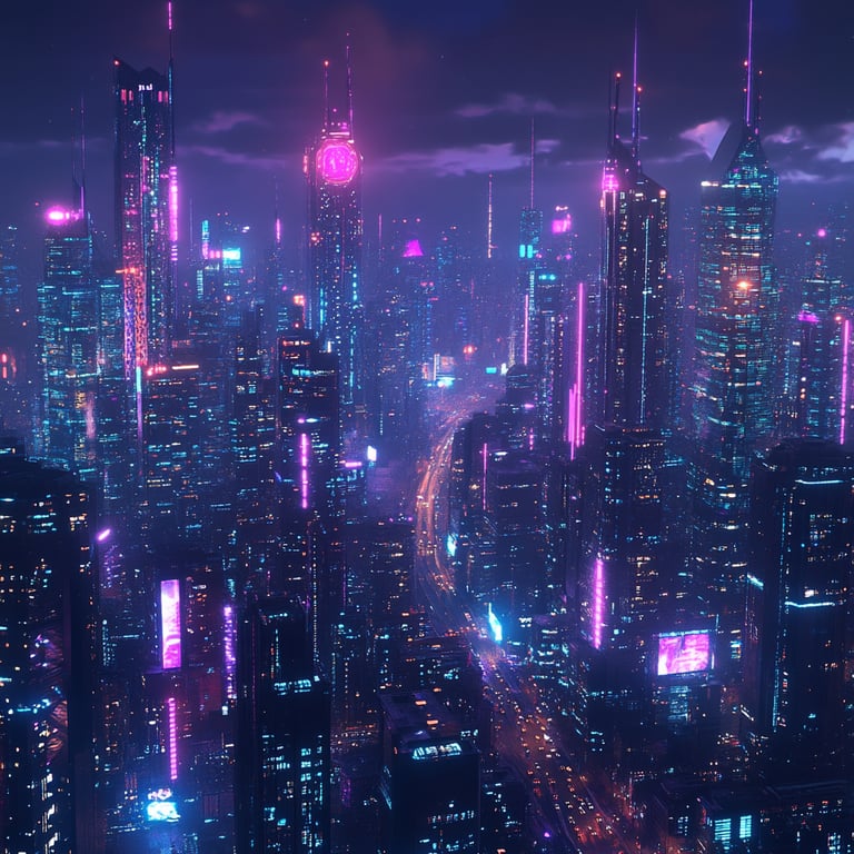 Futuristic city skyline at night with neon pink and blue lights illuminating tall skyscrapers.