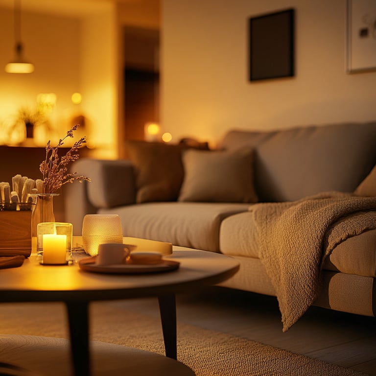 Cozy living room with a sofa, armchairs, and a coffee table set with candles, plates, and decor items, warmly lit with soft lighting.