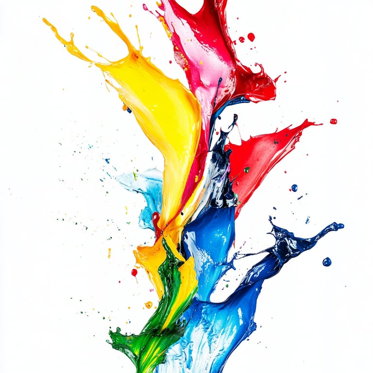 Abstract splashes of vibrant colors including yellow, red, blue, and green on a white background.