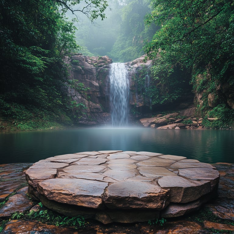 A round stone platform in front of a waterfall with surrounding lush greenery.