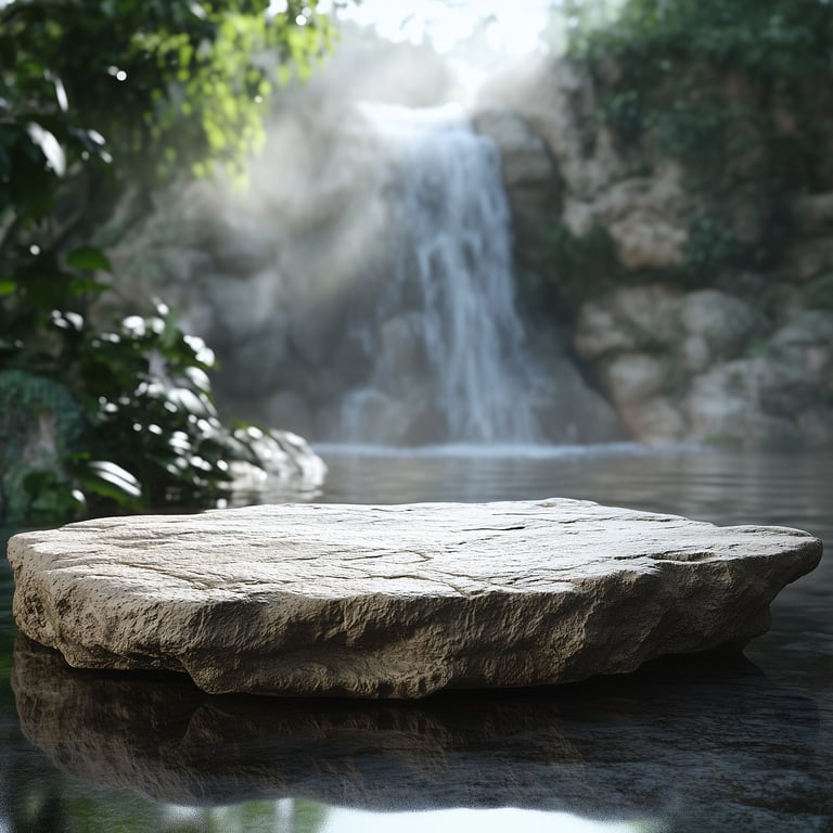 A large, flat rock near a serene waterfall surrounded by lush greenery.