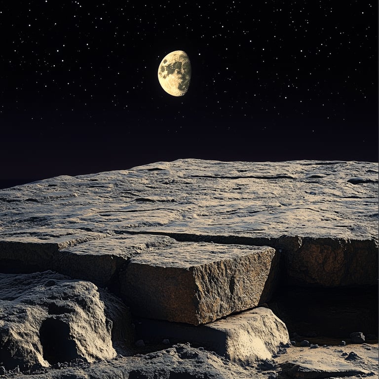 Rugged lunar surface with Earth visible in the dark, star-filled sky.