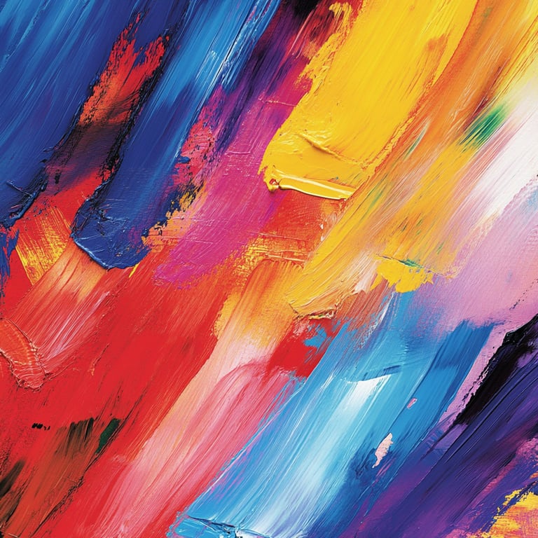 Abstract painting with bold, vibrant brushstrokes in red, blue, yellow, purple, and white.