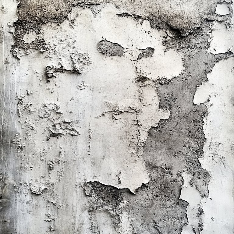 Close-up of a wall with peeling paint and patches of exposed concrete.