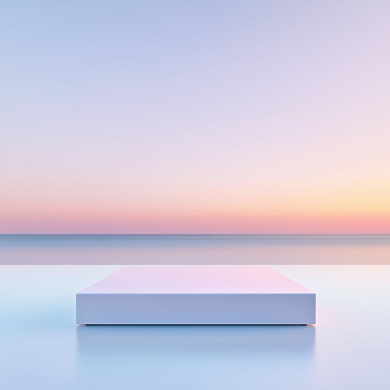 Minimalist white platform with a calm ocean and pastel sunset in the background.