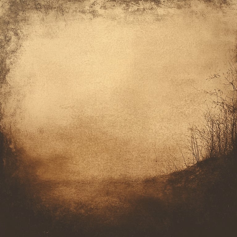 Textured sepia-toned background with darkened edges and sparse dried plants in the lower right corner.