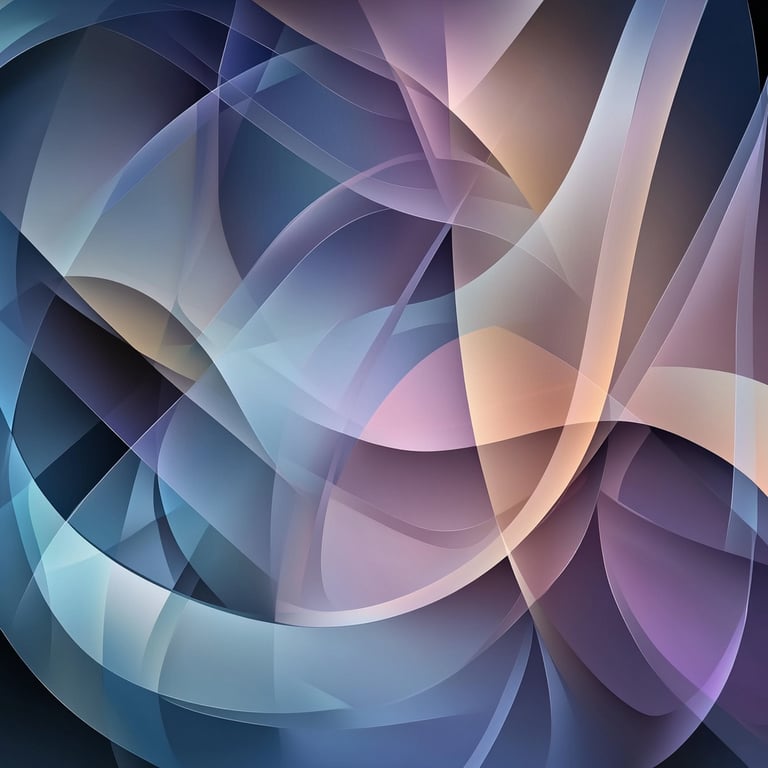 Abstract image with curved, overlapping translucent shapes in shades of blue, purple, and beige.