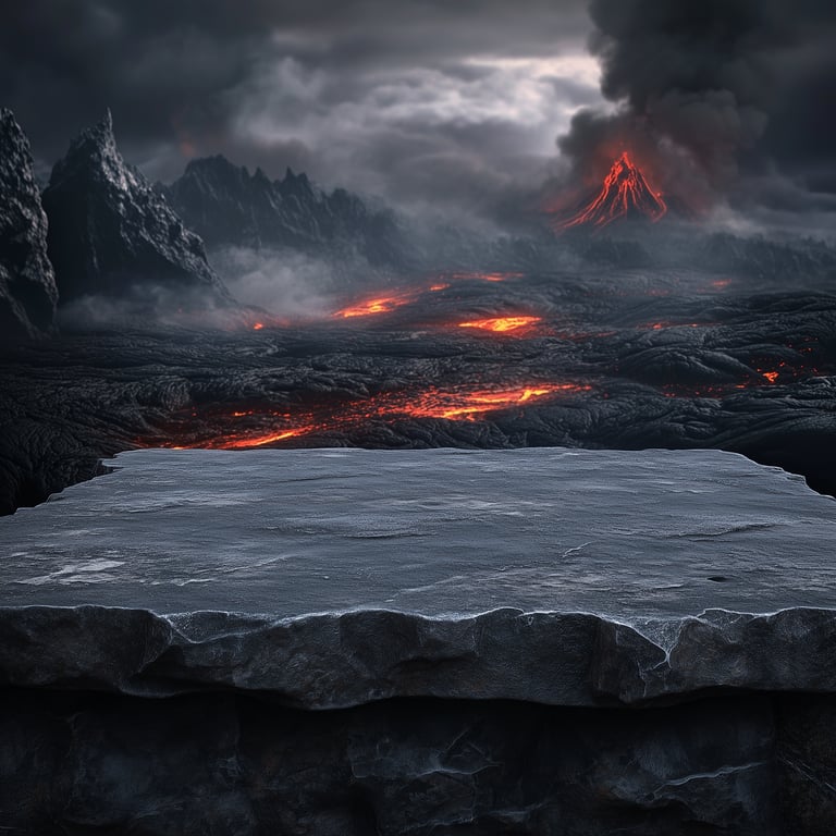 A dark rocky platform with a fiery volcanic landscape in the background, featuring a distant erupting volcano and flowing lava.