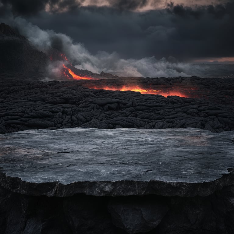 A dark, rocky landscape with glowing lava flowing in the background under a cloudy, ominous sky.