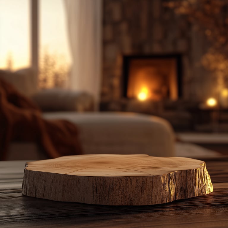Cozy living room with a focus on a wooden slab table; a fireplace and sofa are blurred in the background.
