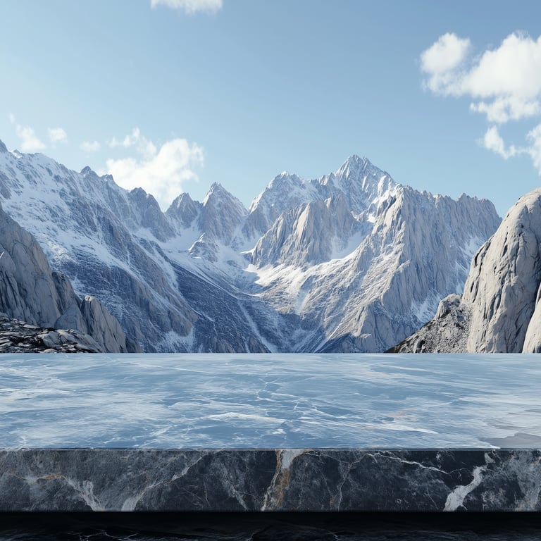 Snow-covered mountain peaks under a clear sky.