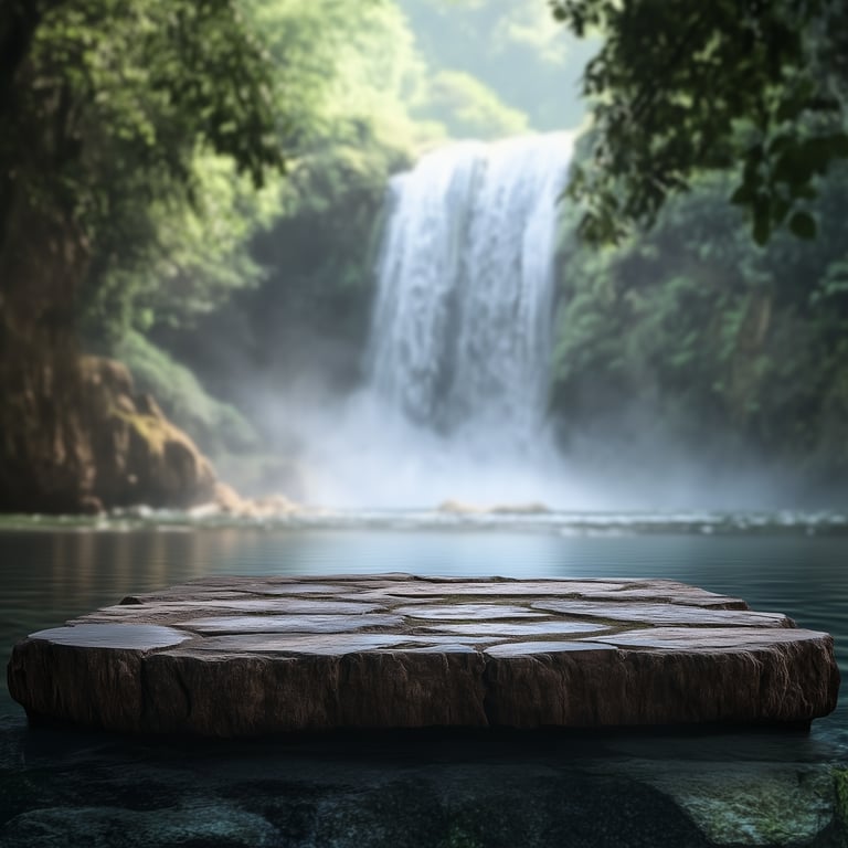 Stone platform in a tranquil forest setting with a waterfall in the background.