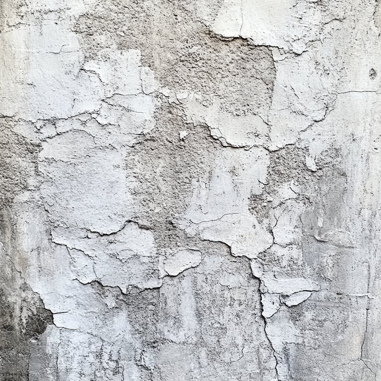 Peeling and cracked gray plaster wall with rough textures.