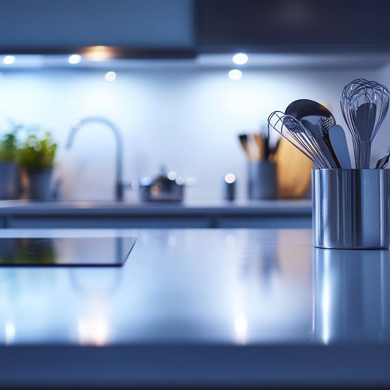 Modern kitchen with stainless steel utensils on a countertop, induction stove, and potted herbs in the background.