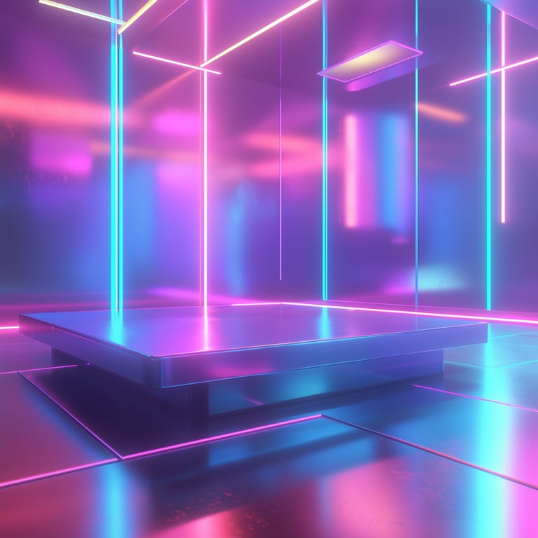 A futuristic room with neon pink, blue, and purple lighting and geometric platforms.