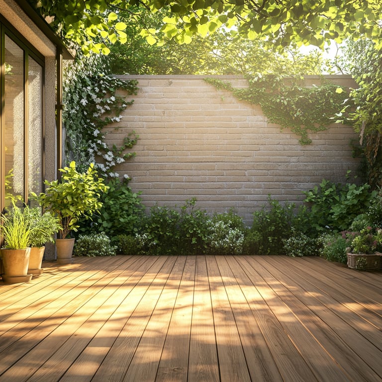 A wooden deck with potted plants and a brick wall, surrounded by lush greenery and bathed in sunlight.