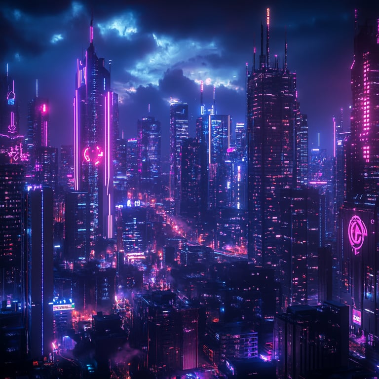Futuristic cityscape at night with neon lights and skyscrapers, under a cloudy sky.