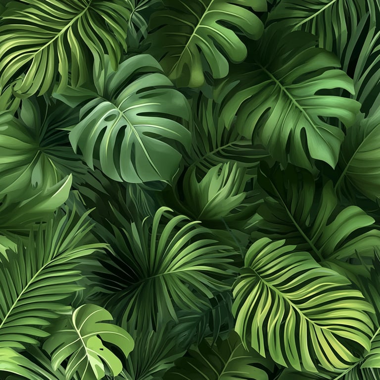 Tropical green leaves with a variety of shapes and sizes, overlapping to create a dense foliage pattern.