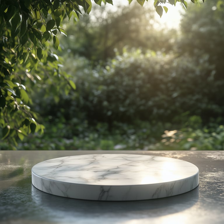 Marble slab displayed outdoors on a reflective surface with greenery and sunlight in the background.