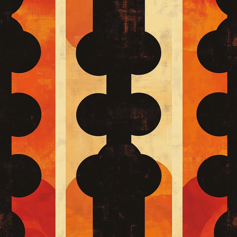 Abstract geometric pattern with vertical stripes in shades of orange and beige, and black circular shapes.