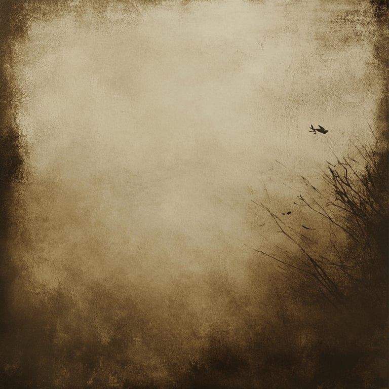 Sepia-toned image of a minimalistic foggy sky with bare tree branches and a flying bird in the upper right corner.