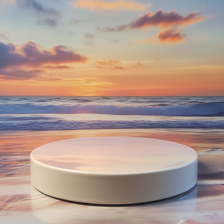 Round white display stand on a beach with a sunset and ocean waves in the background.